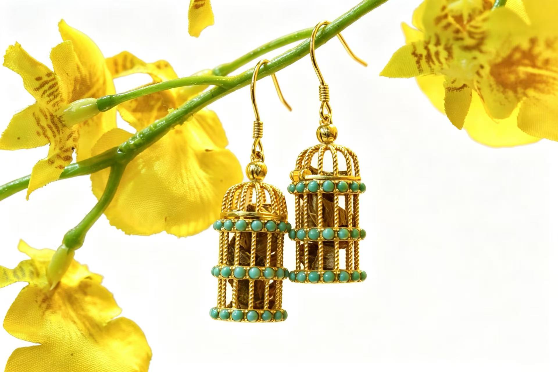 Kynam Agarwood Earrings, Fragrance Cage & Turquoise