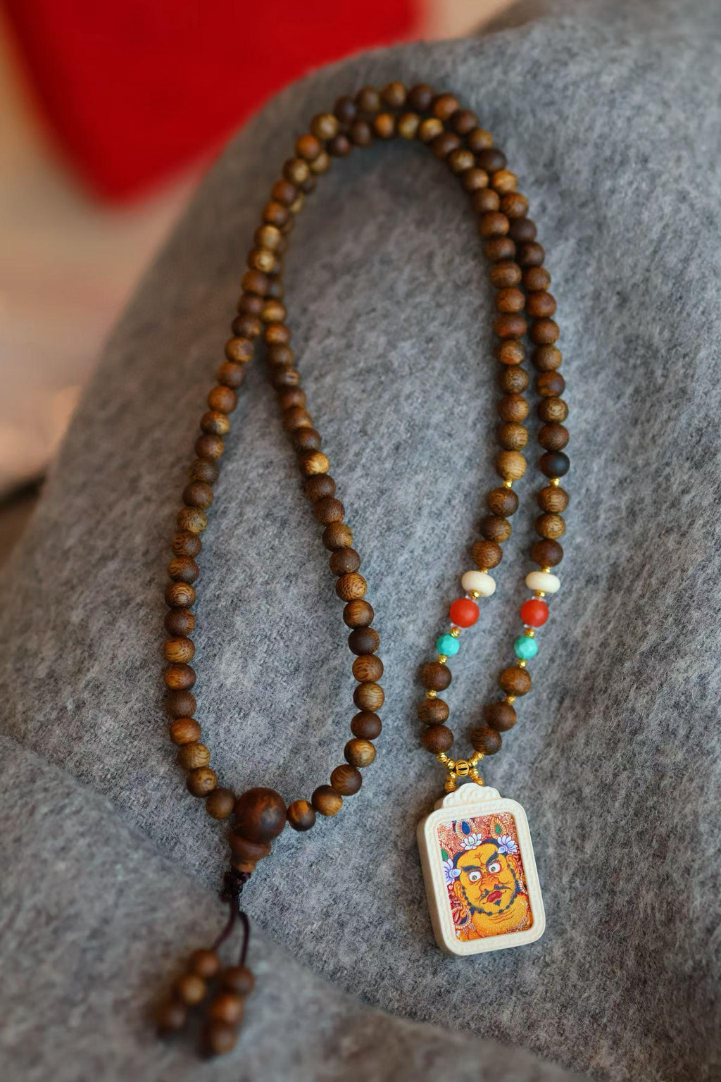 Kynam Agarwood Thangka Guardian Necklace, Turquoise & South Red