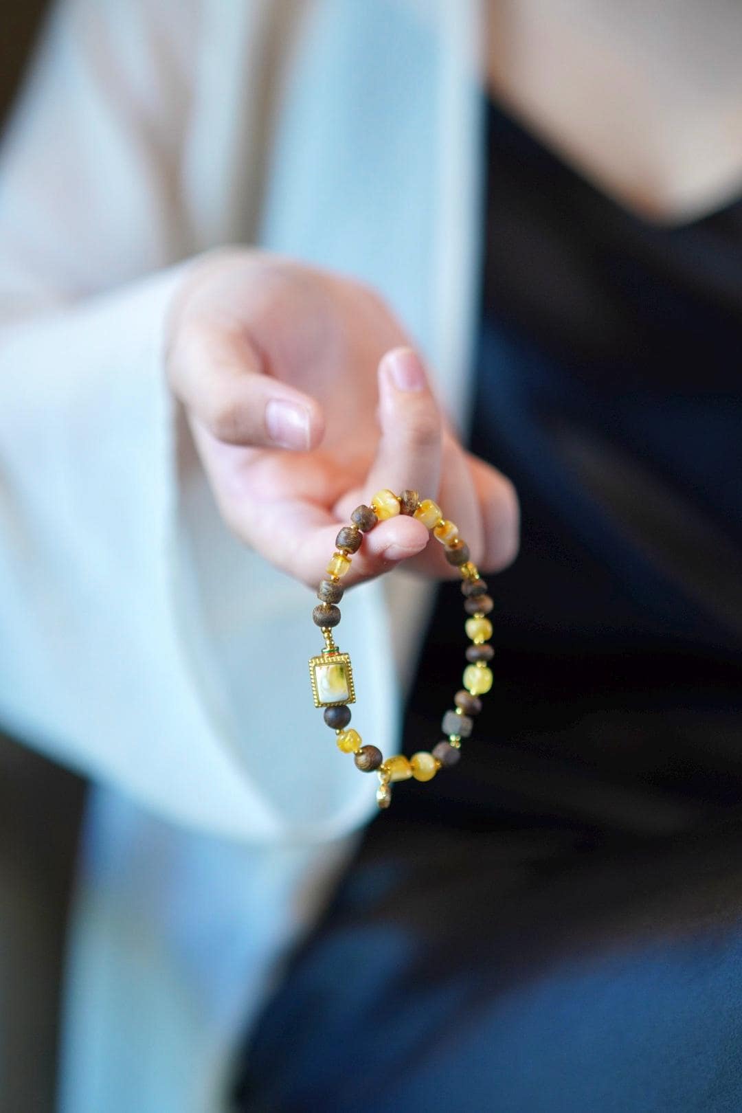 Beeswax Amber & Kynam Agarwood Bracelet, Carved Amber Plaque Focal