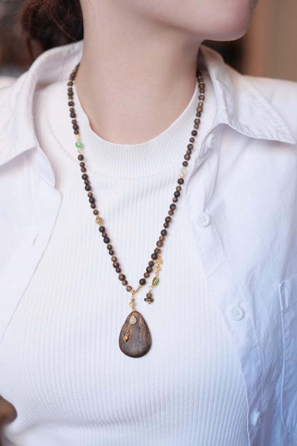 Kynam Agarwood Necklace, Carved Teardrop Pendant & Jade Accents