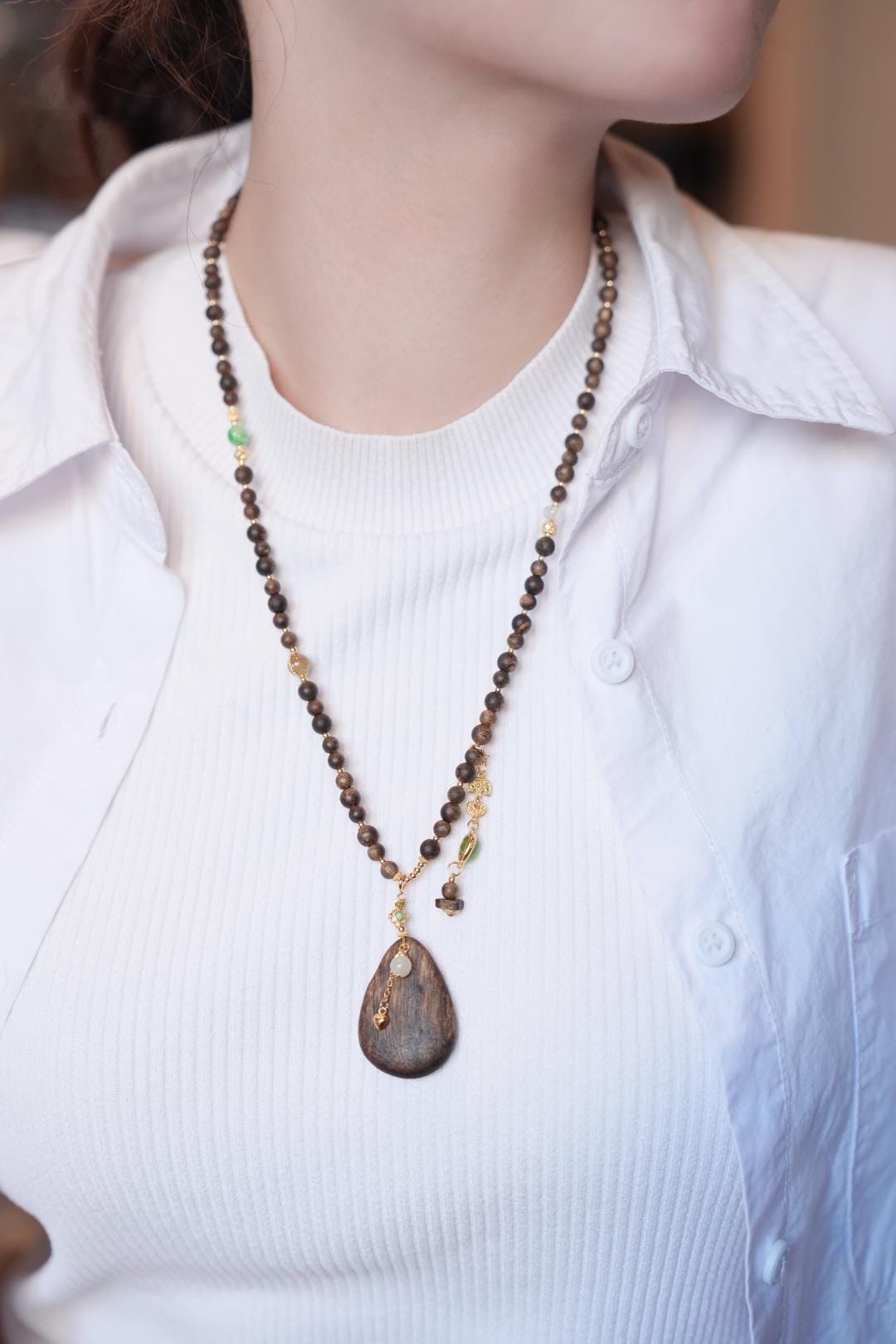 Kynam Agarwood Necklace, Carved Teardrop Pendant & Jade Accents