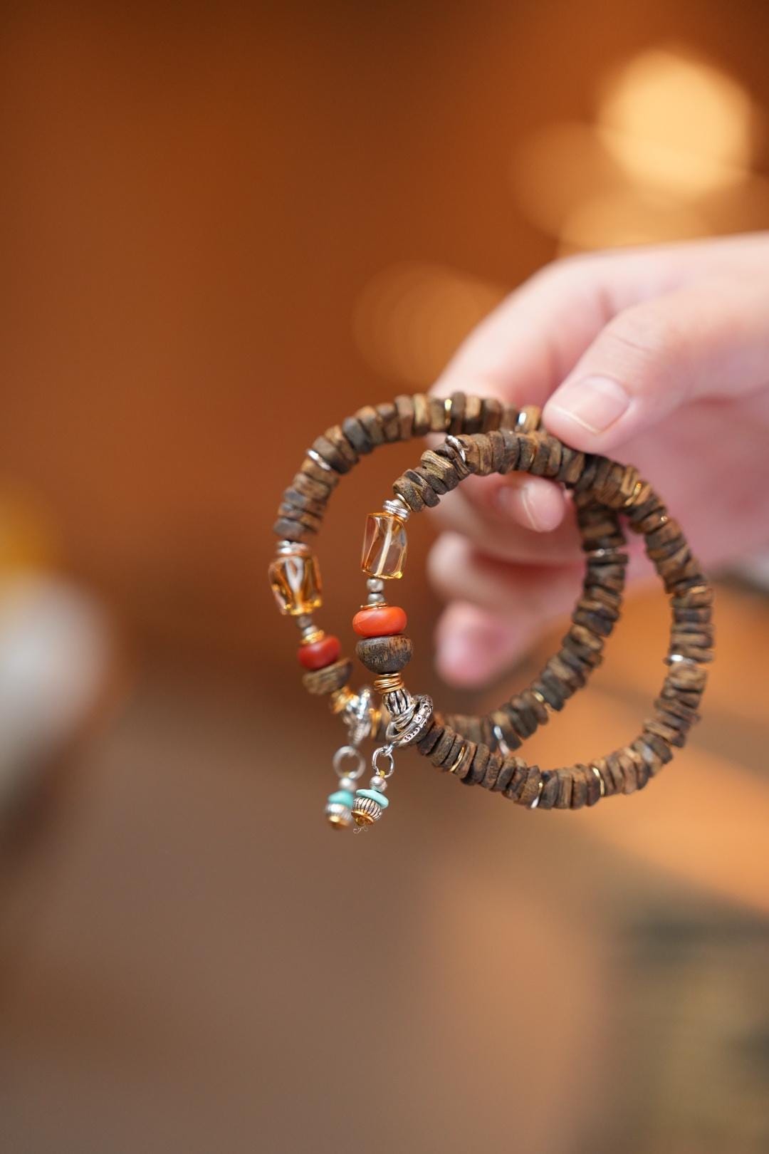 Kynam Agarwood Disc Bracelet, Citrine & South Red Agate