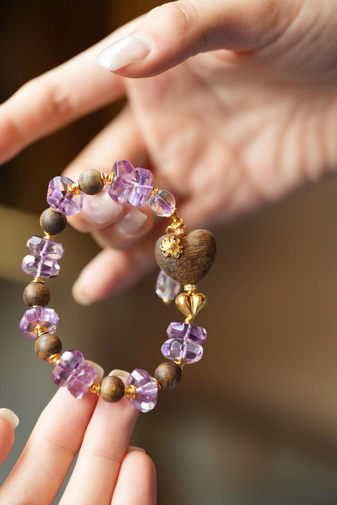 Kynam Agarwood Bracelet, Amethyst & Carved Heart-Peach Focal