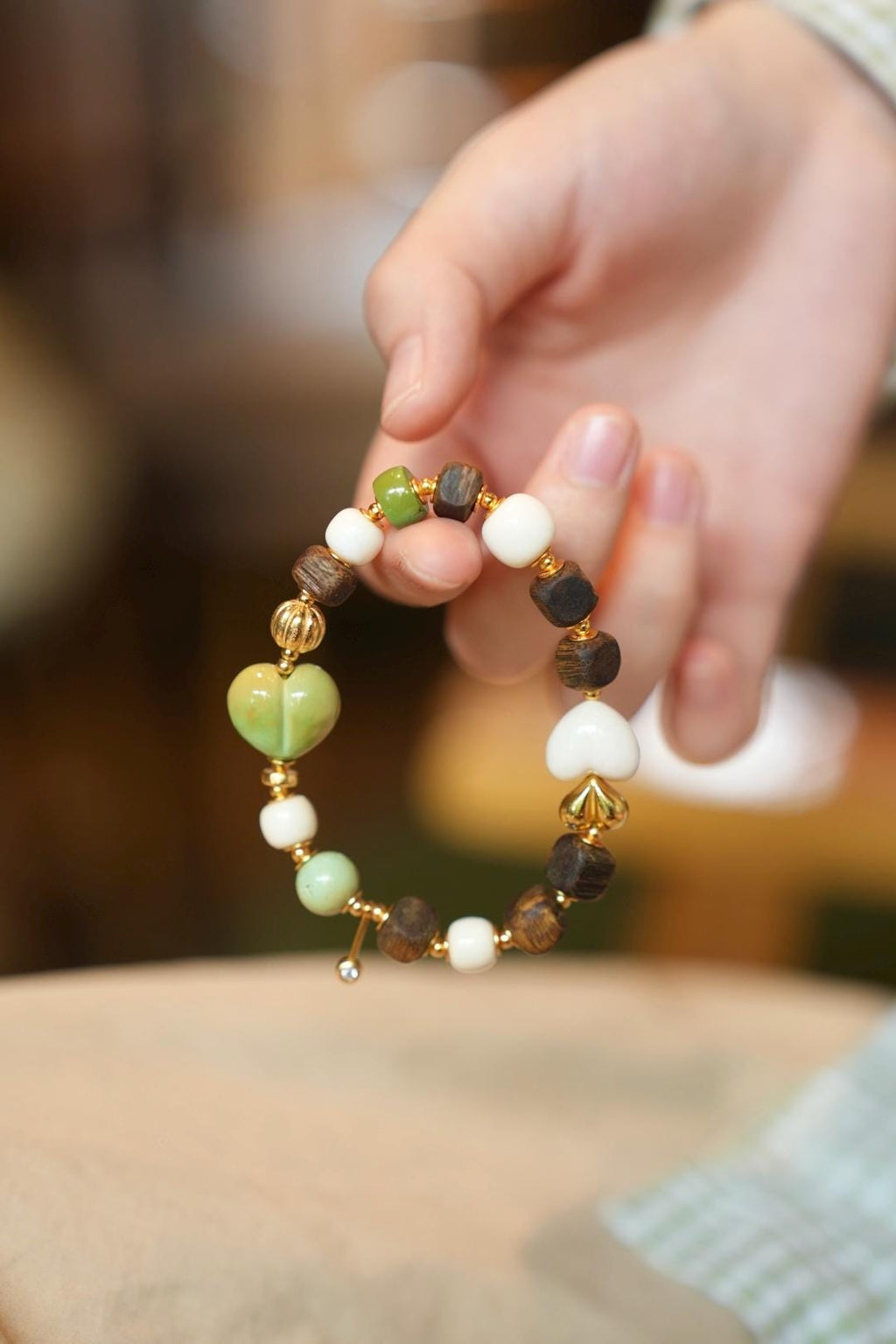 Tri-Color Turquoise Bracelet, Heart-Peach Focal & Agarwood
