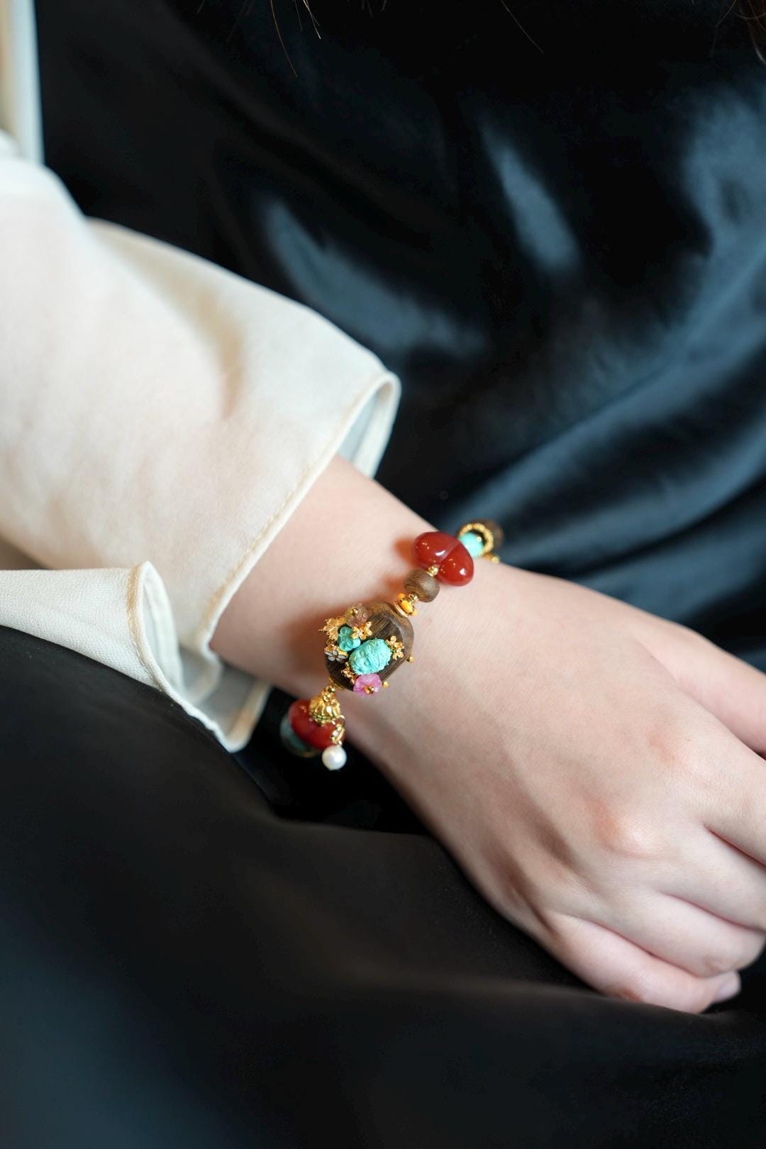 Kynam Agarwood Bracelet, South Red Agate, Turquoise & Tourmaline