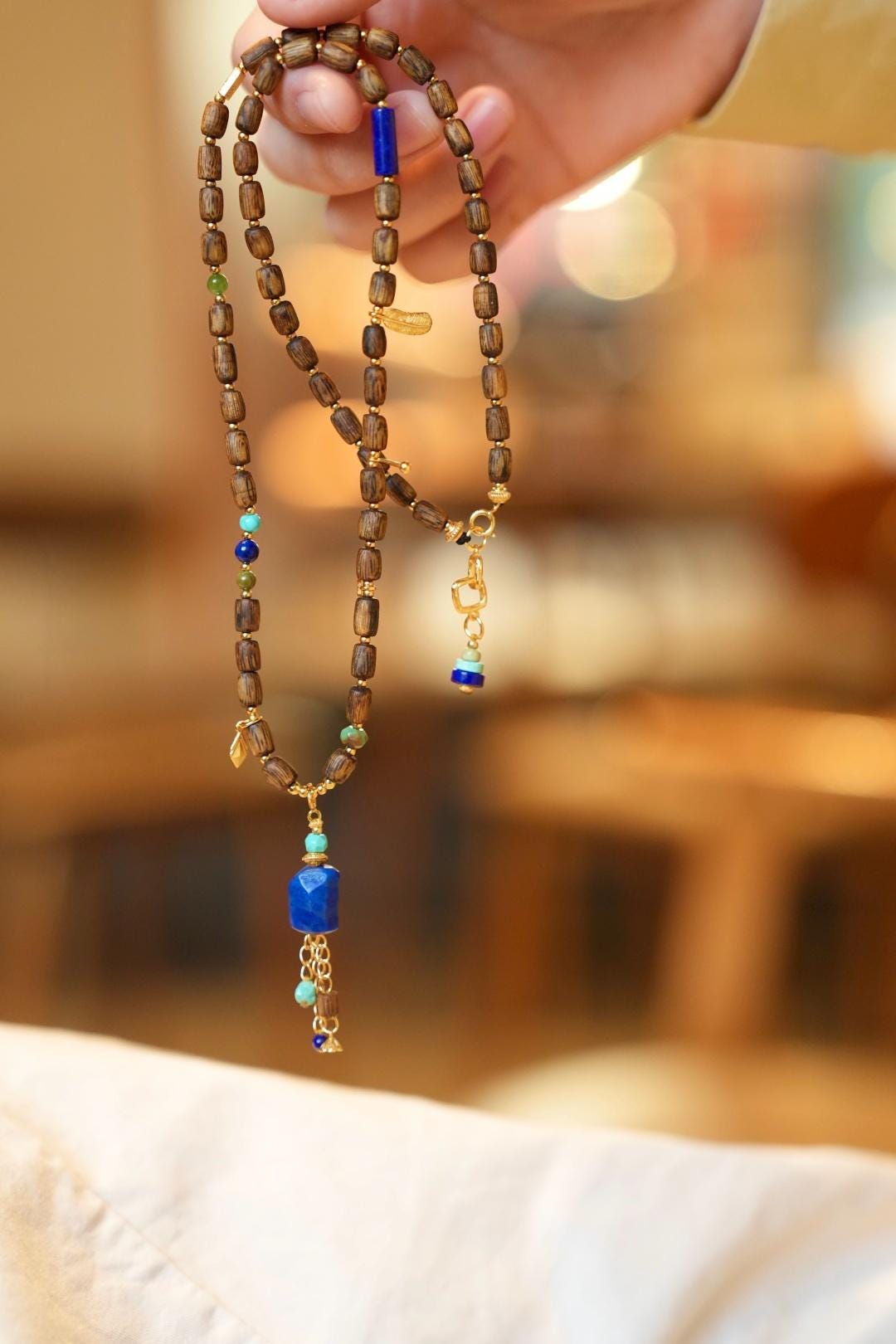 Kynam Agarwood Necklace, Old-Mine Imperial Lapis & Turquoise