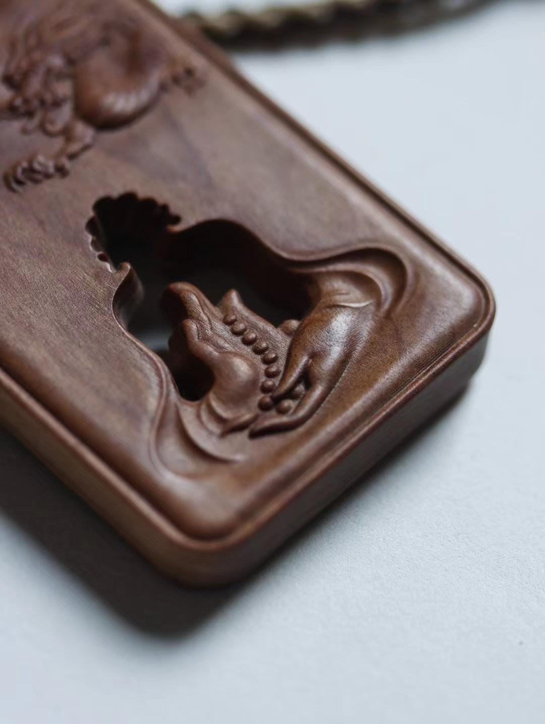 Mysore Sandalwood Charm, Hollow-Carved Buddha & Dragon