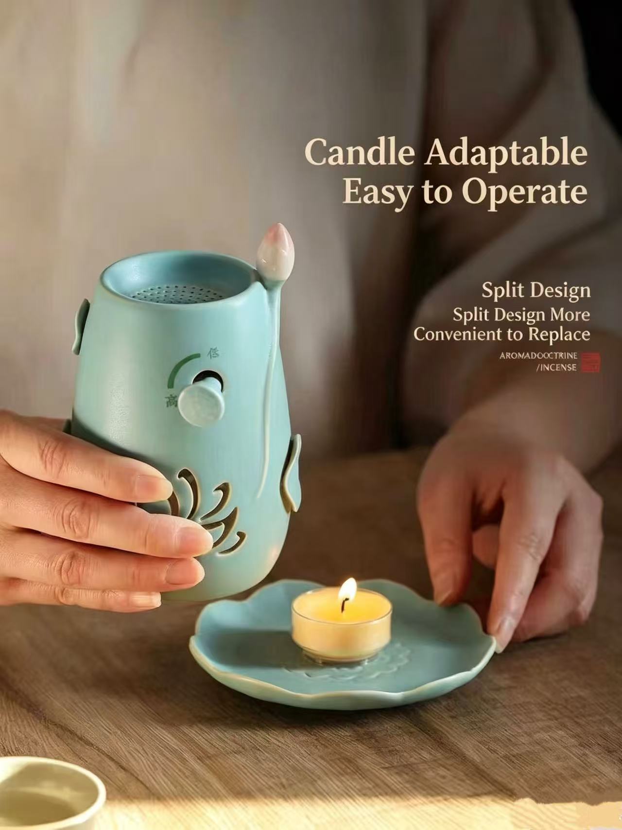 Lotus Ceramic Incense Warmer, Celadon Glaze with Candle Heating