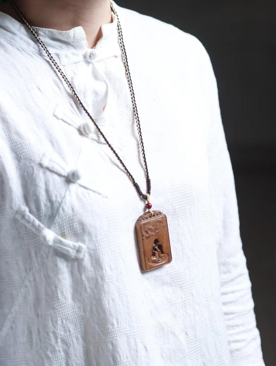 Mysore Sandalwood Charm, Hollow-Carved Buddha & Dragon