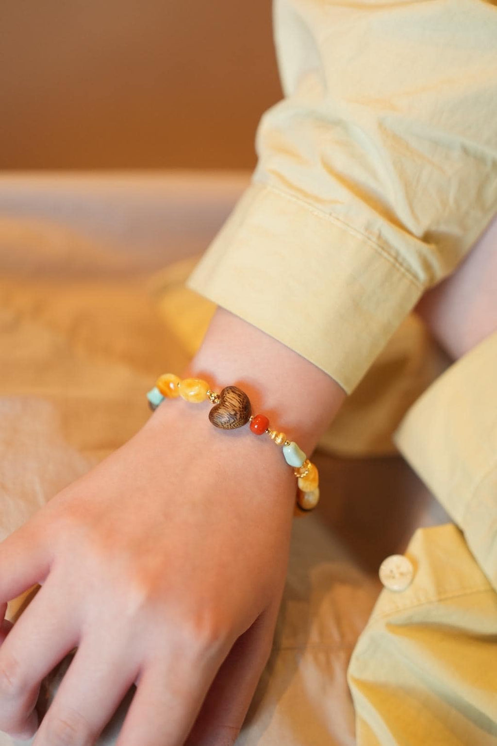 Beeswax Amber & Turquoise Bracelet, Kynam Agarwood Heart-Peach Focal Bead