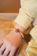Beeswax Amber & Turquoise Bracelet, Kynam Agarwood Heart-Peach Focal Bead