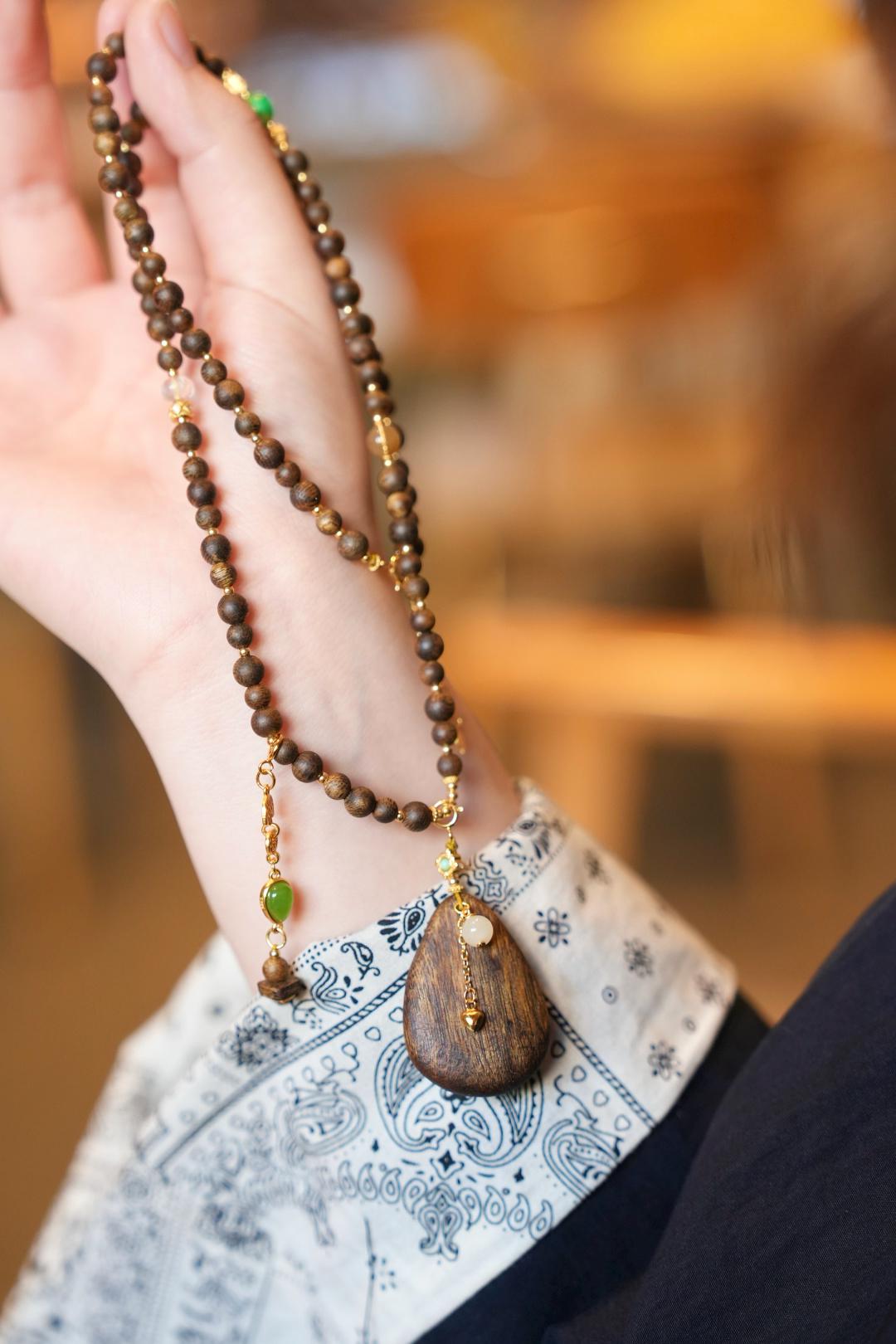 Kynam Agarwood Necklace, Carved Teardrop Pendant & Jade Accents