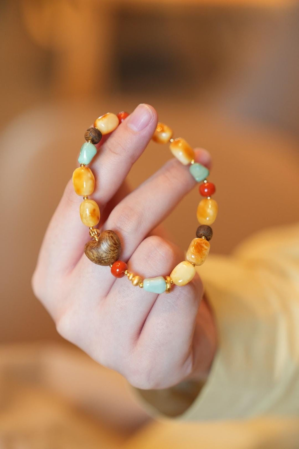 Beeswax Amber & Turquoise Bracelet, Kynam Agarwood Heart-Peach Focal Bead