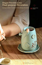 Lotus Ceramic Incense Warmer, Celadon Glaze with Candle Heating
