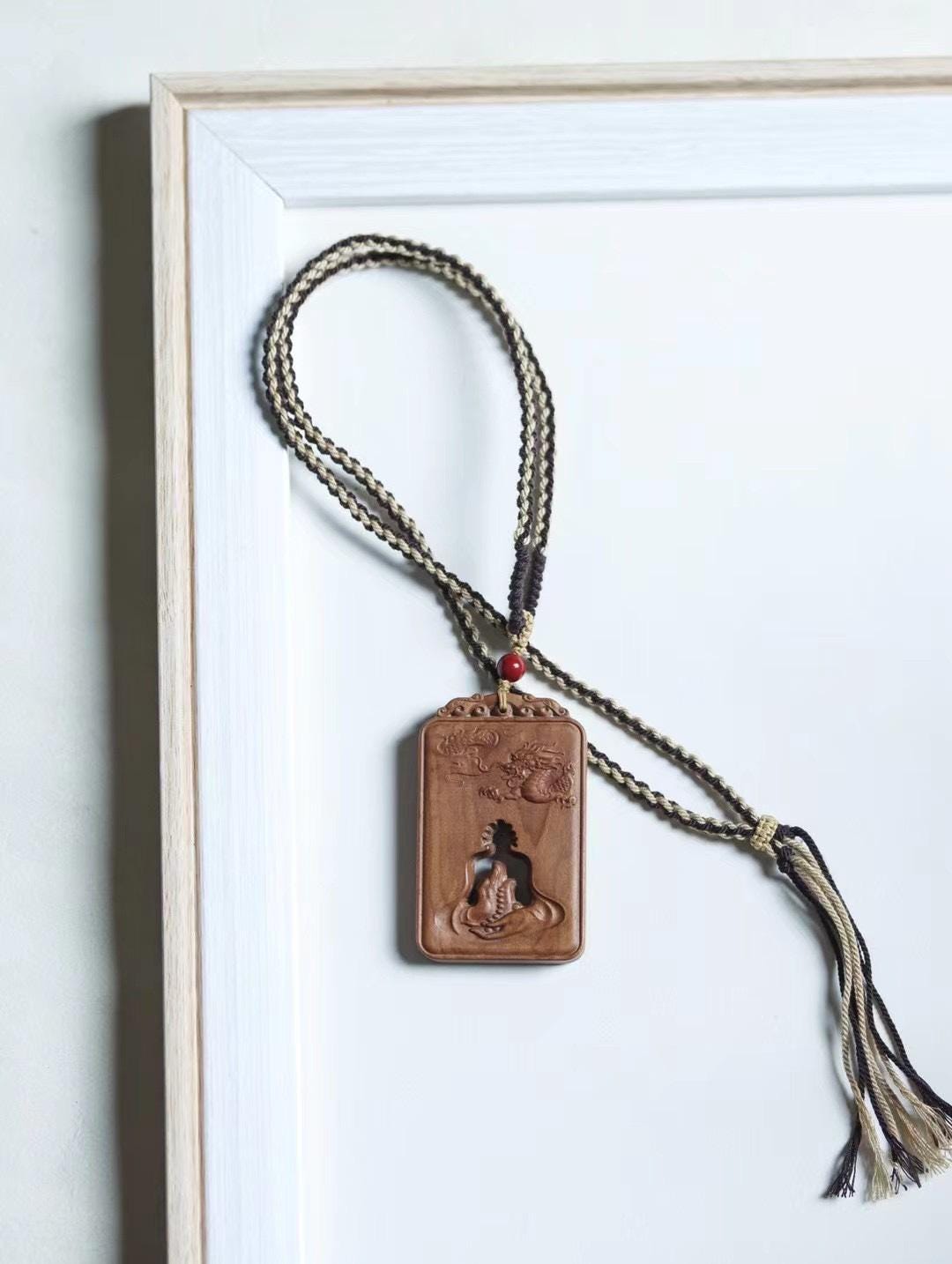 Mysore Sandalwood Charm, Hollow-Carved Buddha & Dragon