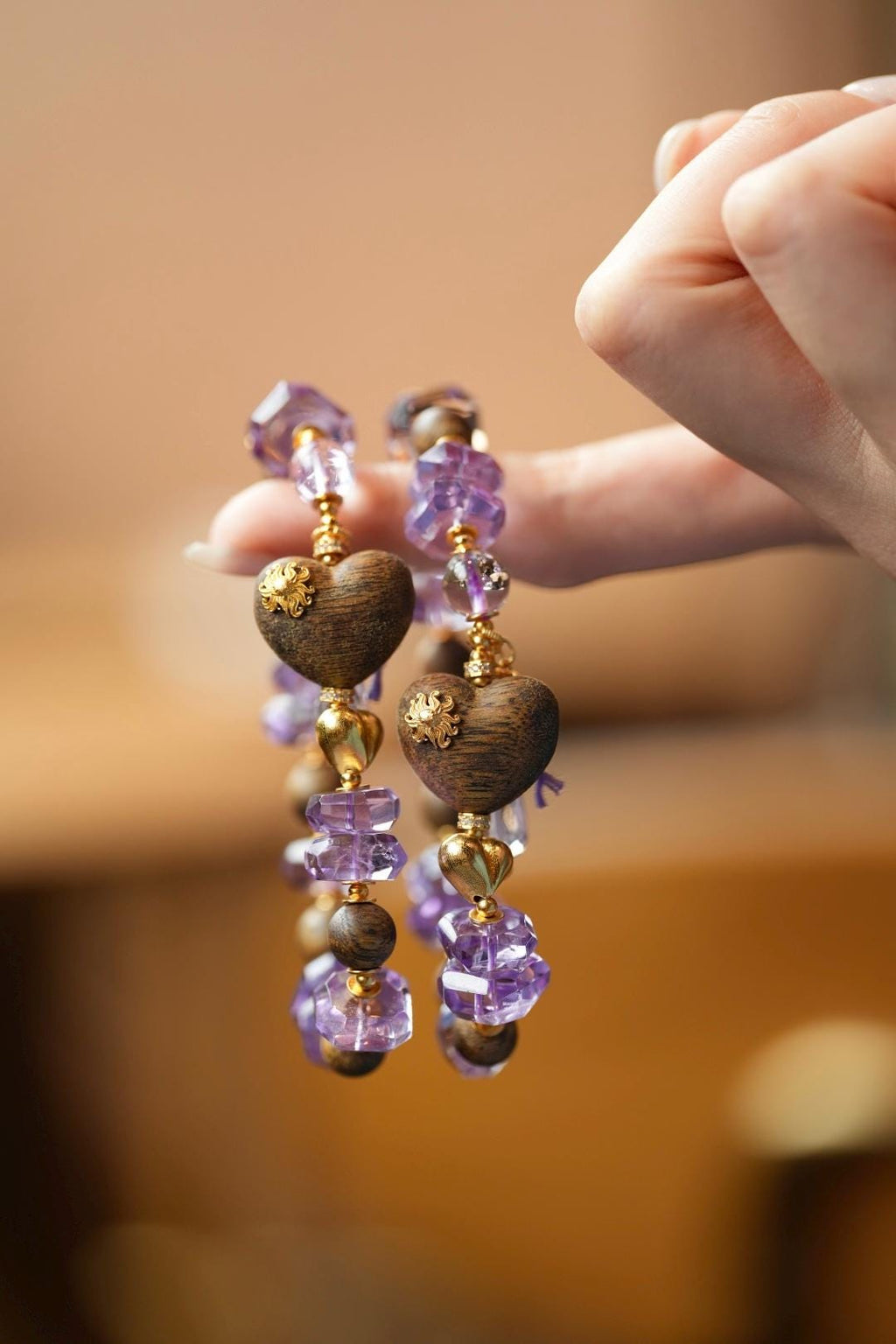 Kynam Agarwood Bracelet, Amethyst & Carved Heart-Peach Focal