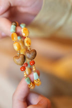 Beeswax Amber & Turquoise Bracelet, Kynam Agarwood Heart-Peach Focal Bead