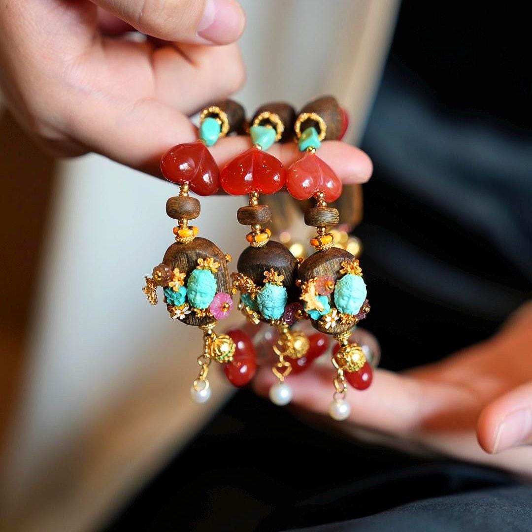 Kynam Agarwood Bracelet, South Red Agate, Turquoise & Tourmaline