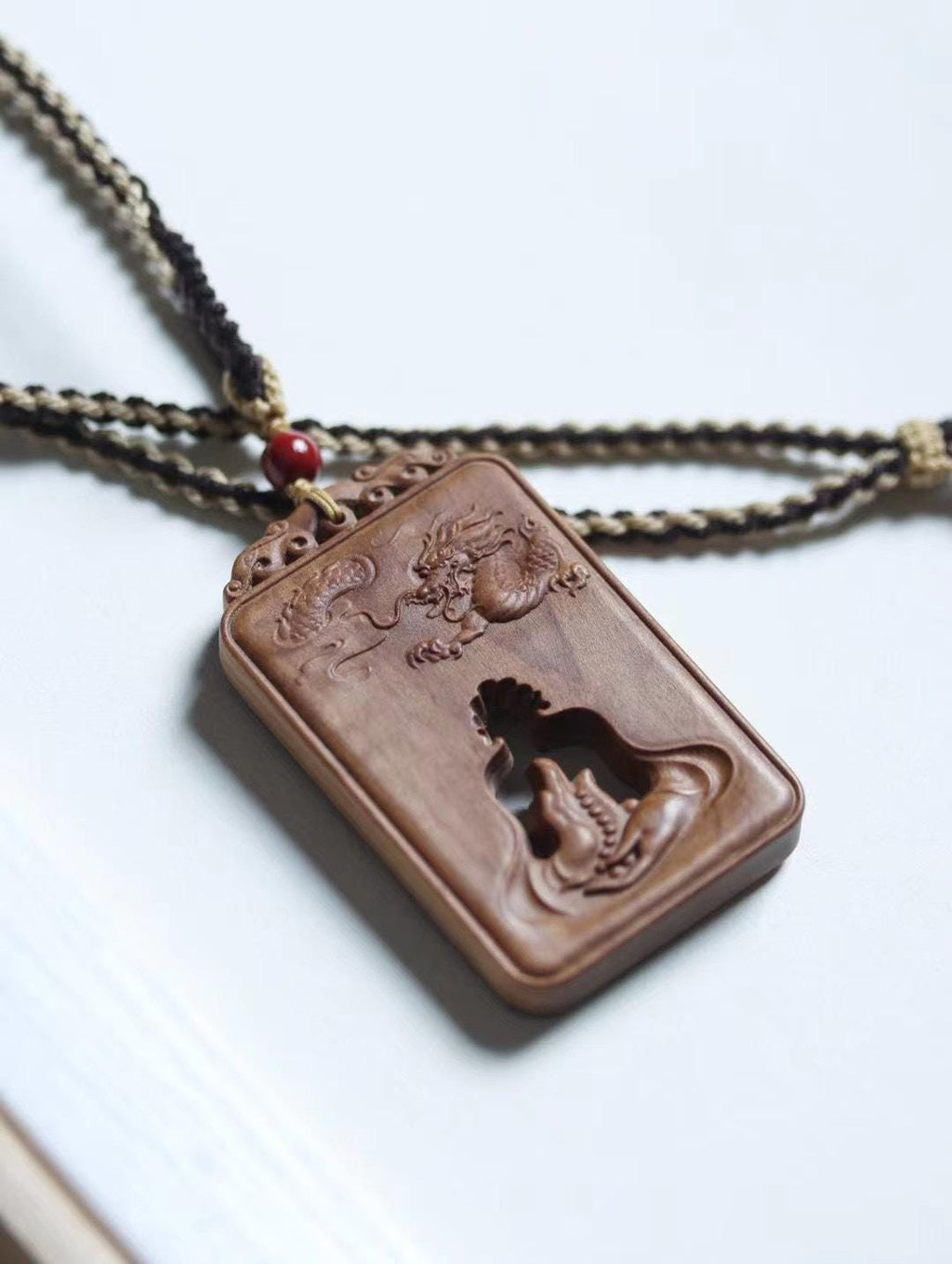 Mysore Sandalwood Charm, Hollow-Carved Buddha & Dragon