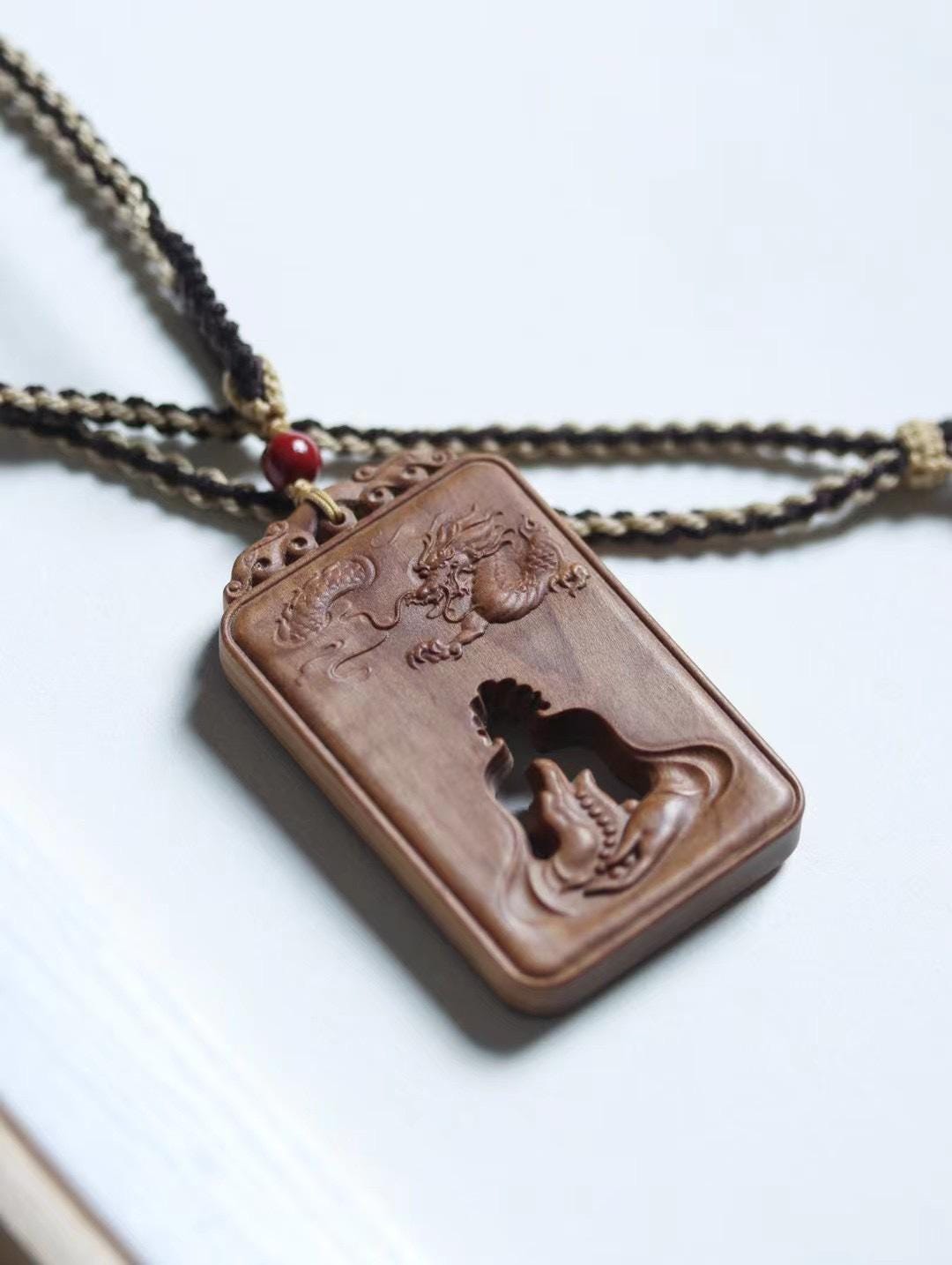Mysore Sandalwood Charm, Hollow-Carved Buddha & Dragon