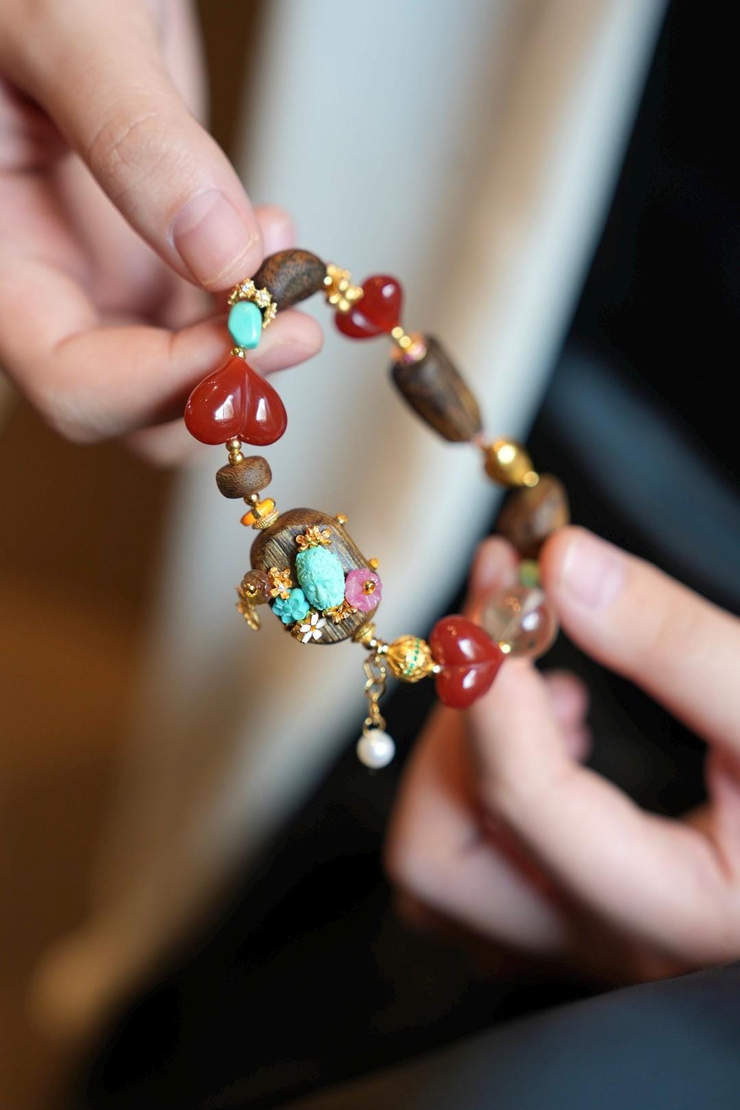 Kynam Agarwood Bracelet, South Red Agate, Turquoise & Tourmaline