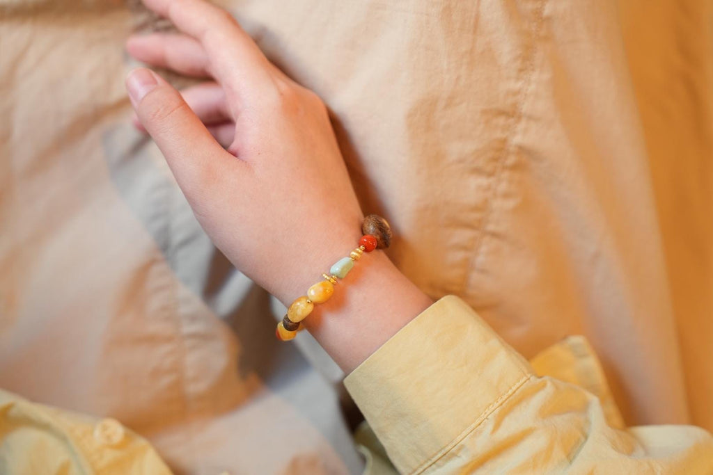 Beeswax Amber & Turquoise Bracelet, Kynam Agarwood Heart-Peach Focal Bead