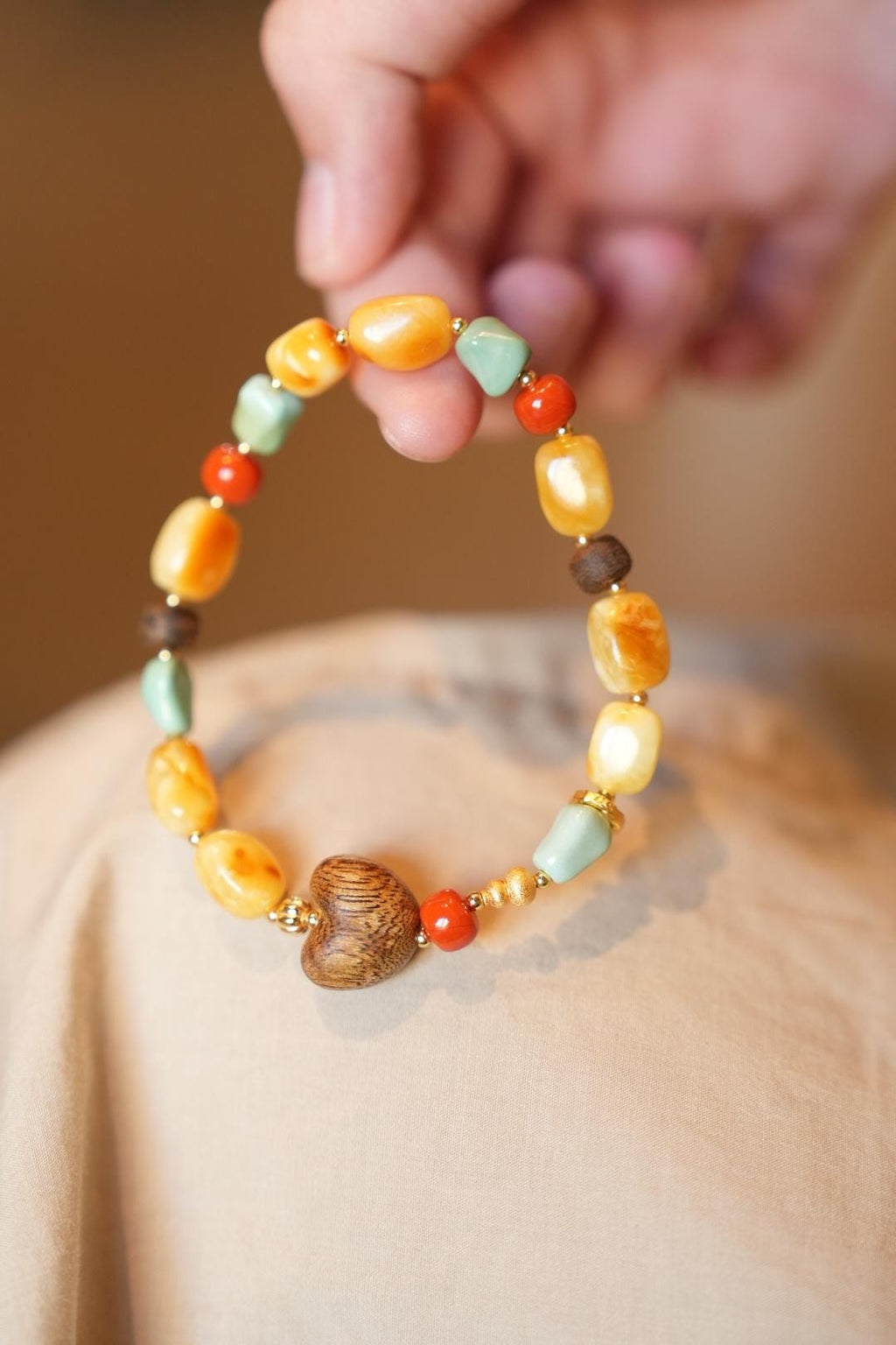 Beeswax Amber & Turquoise Bracelet, Kynam Agarwood Heart-Peach Focal Bead