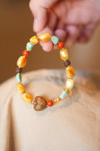 Beeswax Amber & Turquoise Bracelet, Kynam Agarwood Heart-Peach Focal Bead
