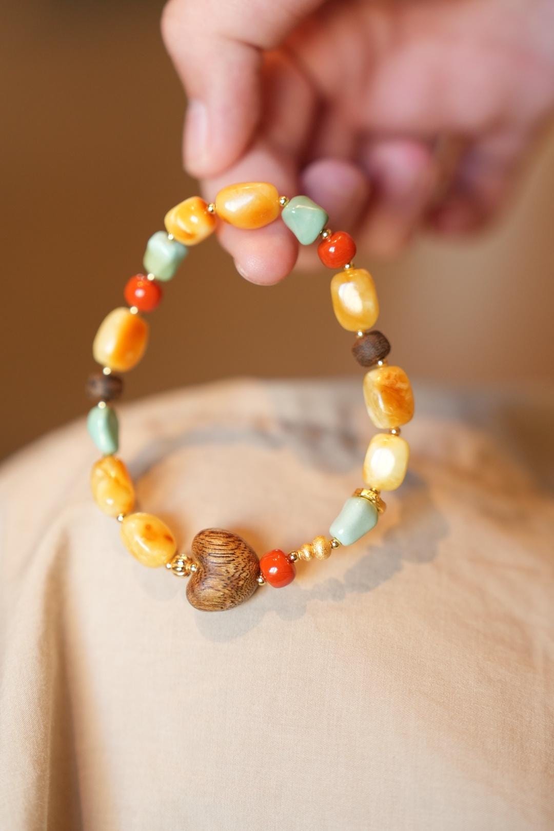 Beeswax Amber & Turquoise Bracelet, Kynam Agarwood Heart-Peach Focal Bead