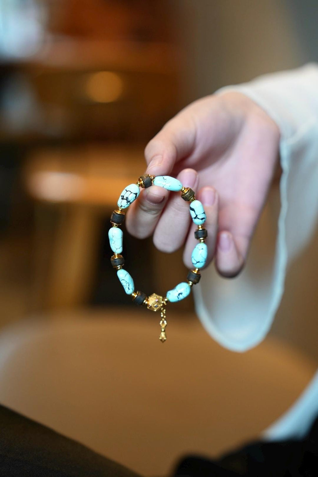 Sky-Blue Turquoise Freeform Bracelet, Agarwood & Vajra Pendant