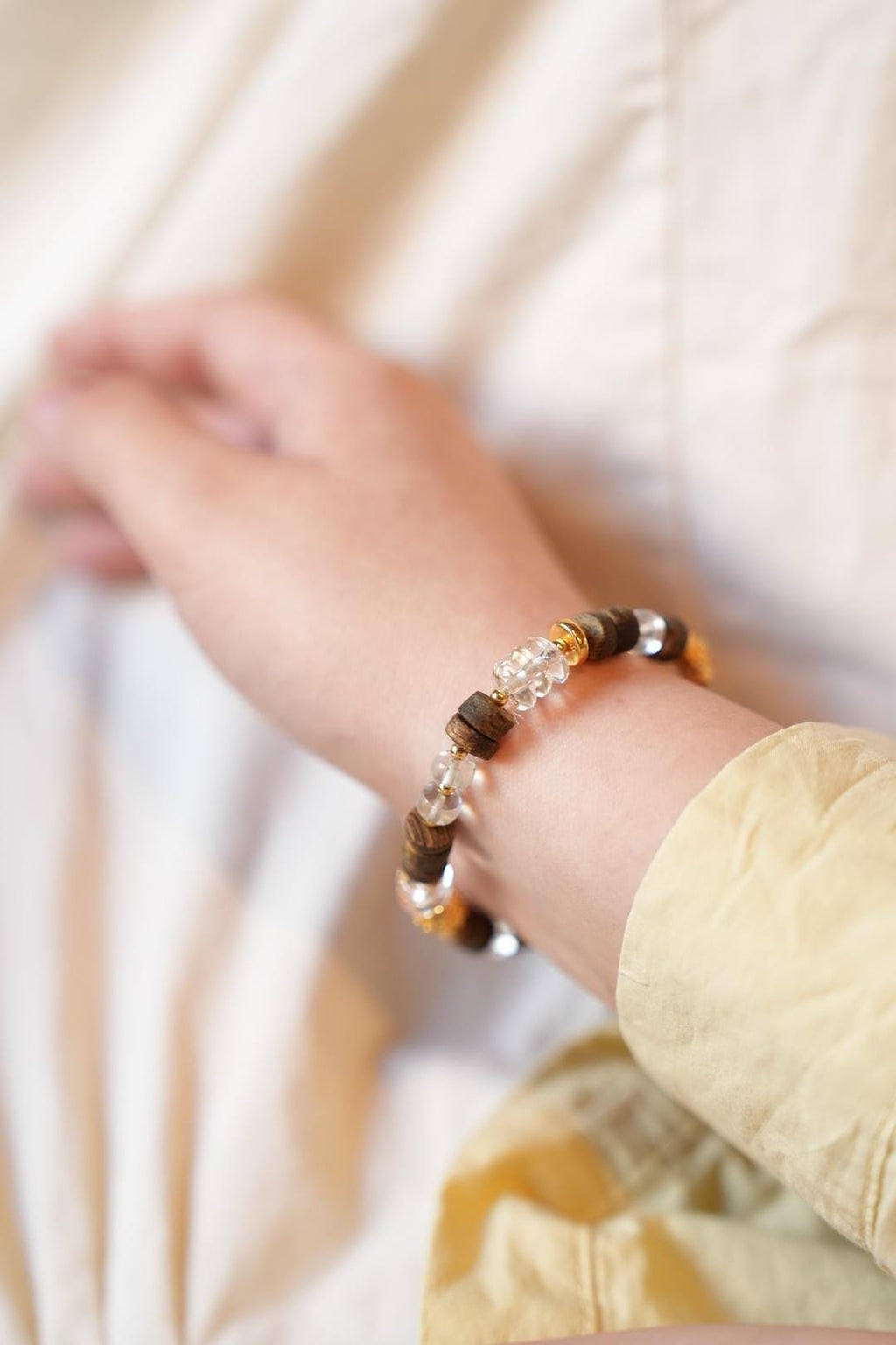 Kynam Agarwood & Clear Crystal Bracelet, Carved Patterned Focal Bead with Turquoise