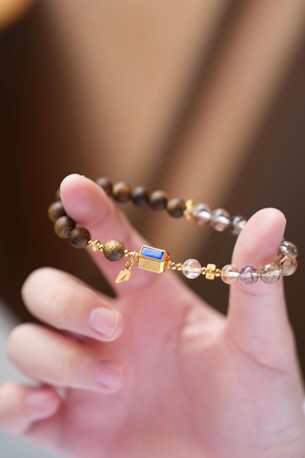 Kynam Agarwood Bracelet, Black-Gold Super Seven & Heart Sutra