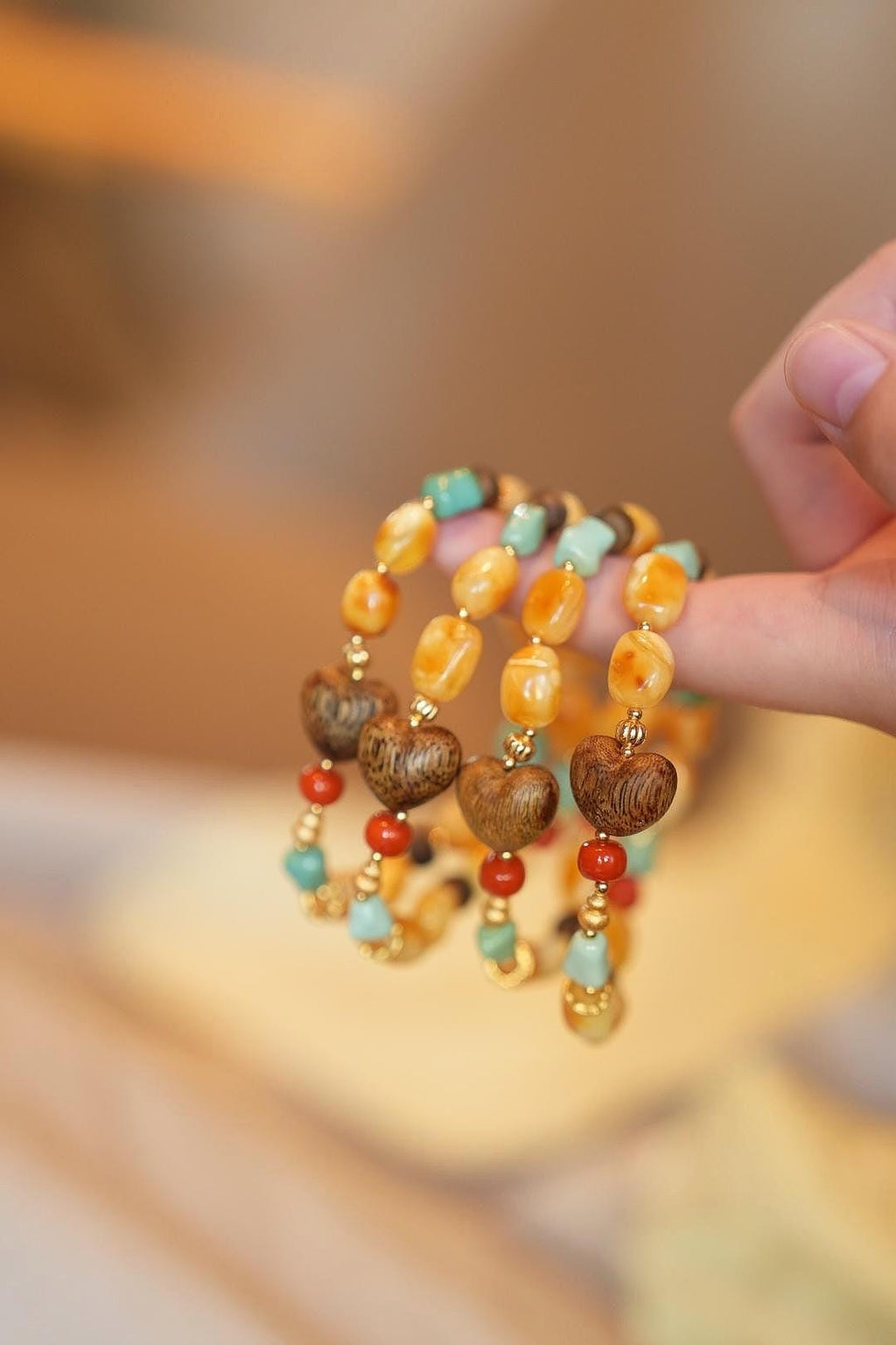 Beeswax Amber & Turquoise Bracelet, Kynam Agarwood Heart-Peach Focal Bead