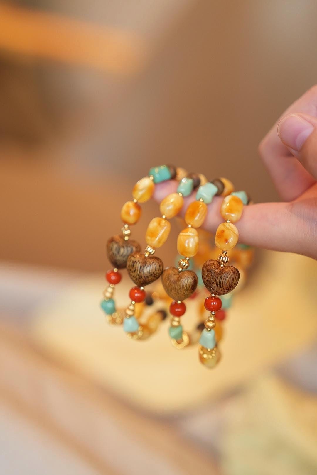 Beeswax Amber & Turquoise Bracelet, Kynam Agarwood Heart-Peach Focal Bead