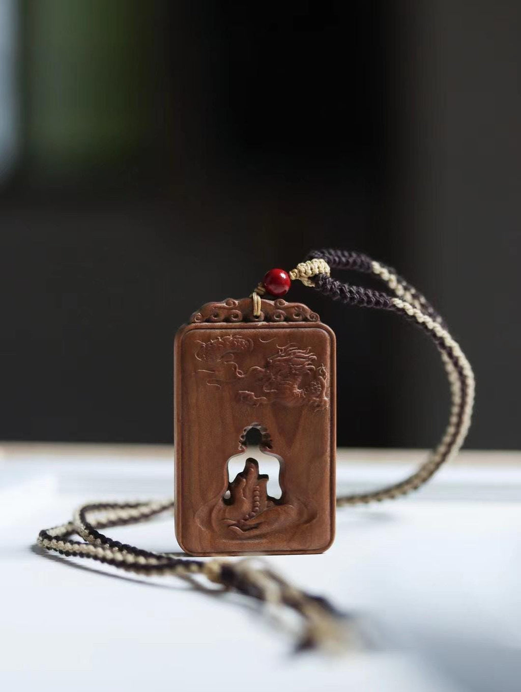 Mysore Sandalwood Charm, Hollow-Carved Buddha & Dragon