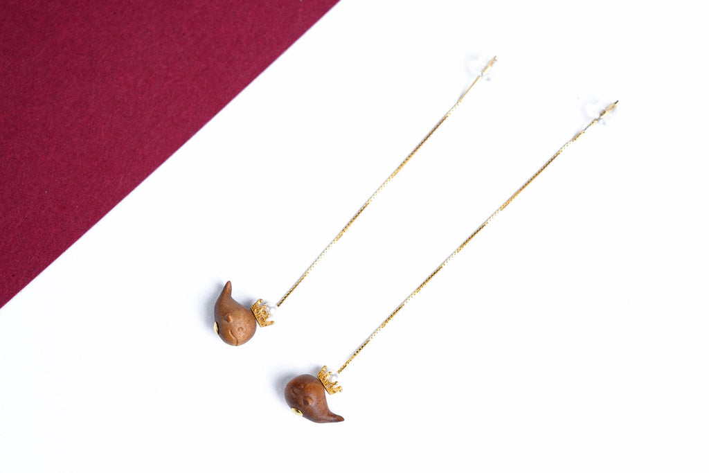 Mysore Sandalwood Earrings, Carved Dolphin, Freshwater Pearl
