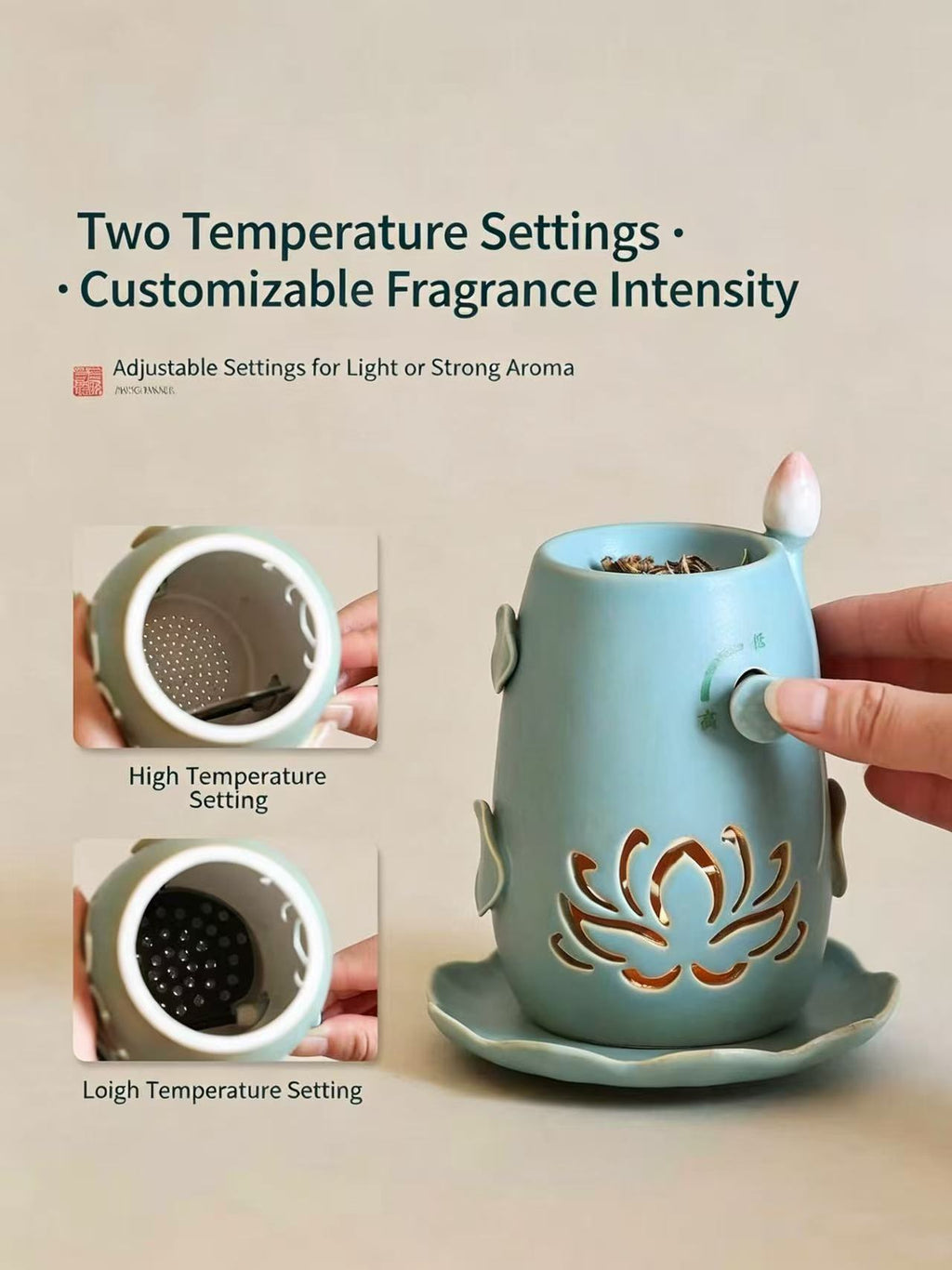 Lotus Ceramic Incense Warmer, Celadon Glaze with Candle Heating
