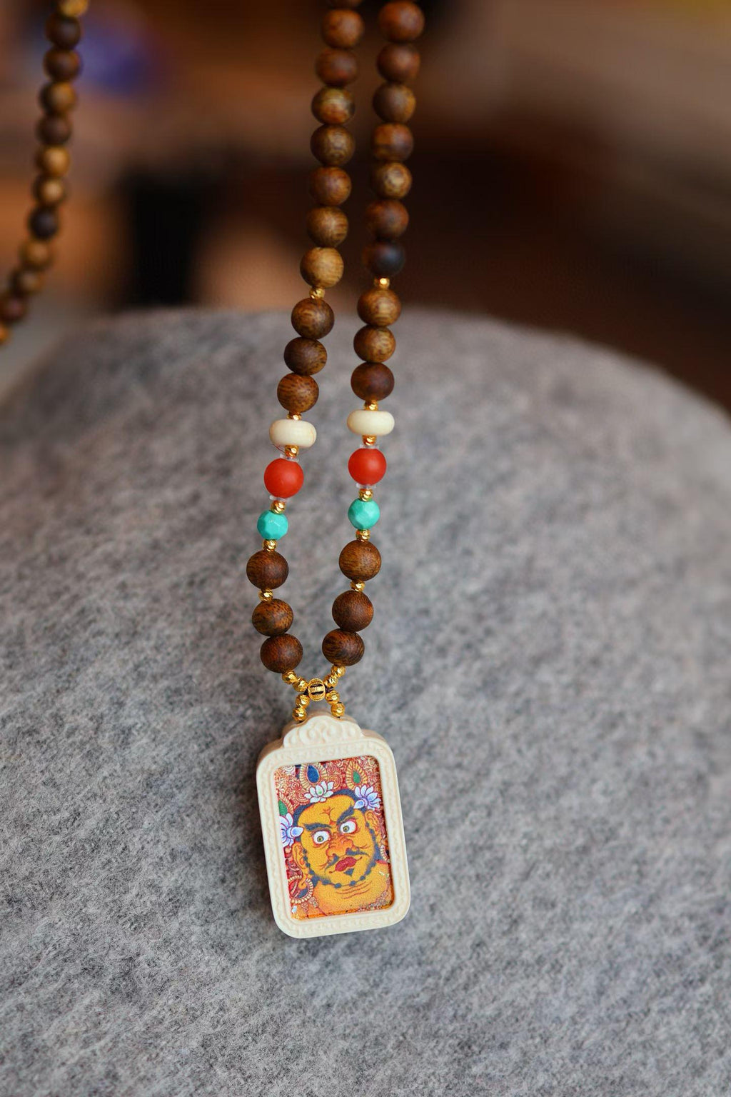 Kynam Agarwood Thangka Guardian Necklace, Turquoise & South Red