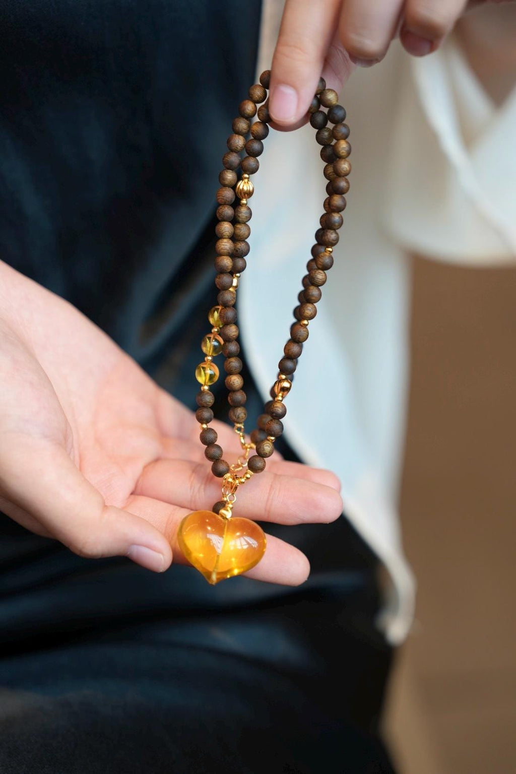 Kynam Agarwood & Golden Amber Necklace, Heart-Peach Pendant