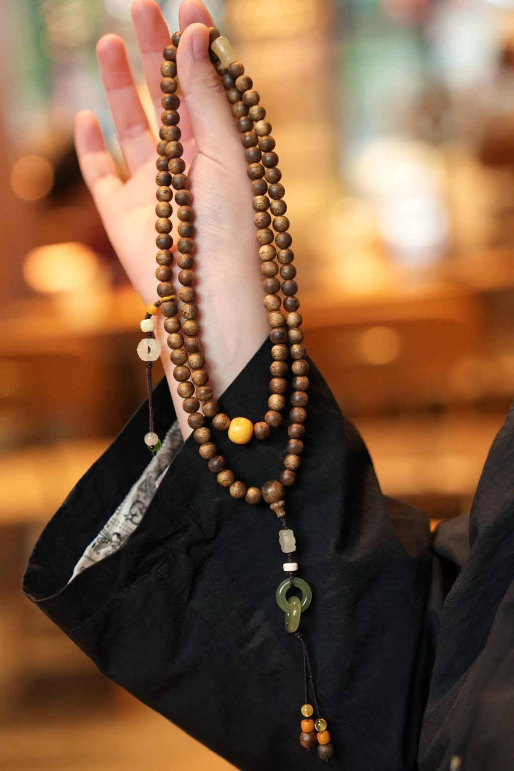 Kynam Agarwood Necklace, Beeswax Amber, Nephrite & Jade
