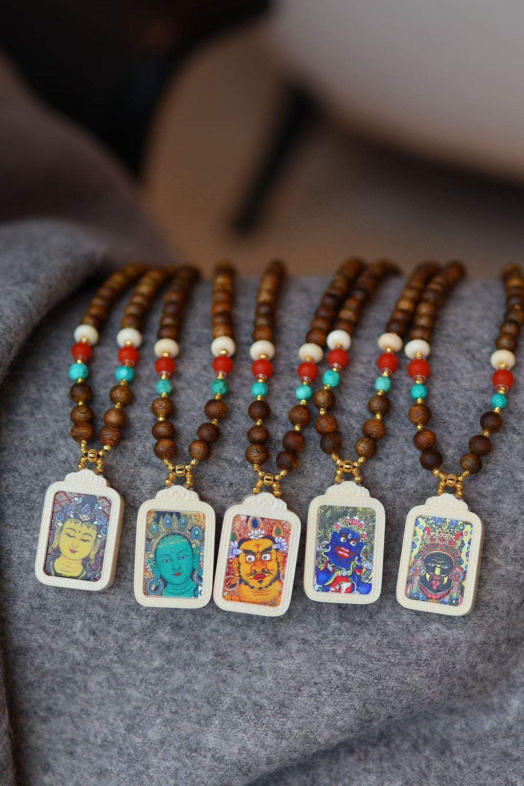 Kynam Agarwood Thangka Guardian Necklace, Turquoise & South Red