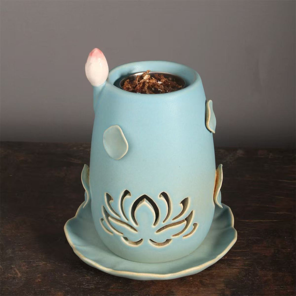 Lotus Ceramic Incense Warmer, Celadon Glaze with Candle Heating