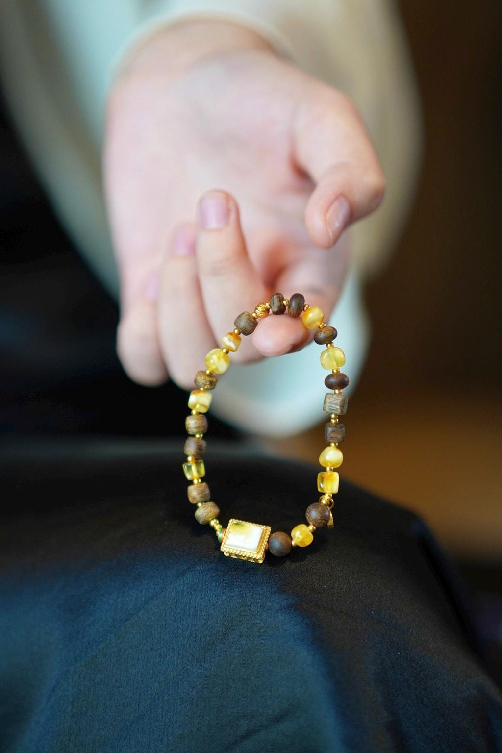 Beeswax Amber & Kynam Agarwood Bracelet, Carved Amber Plaque Focal