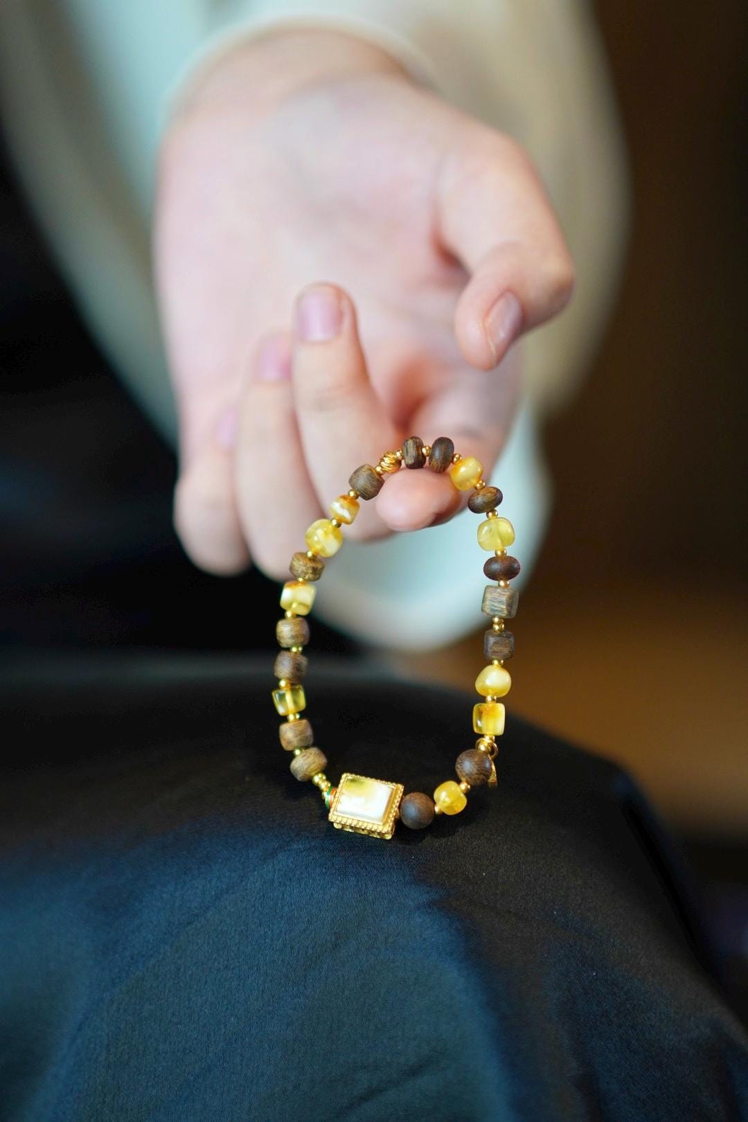 Beeswax Amber & Kynam Agarwood Bracelet, Carved Amber Plaque Focal