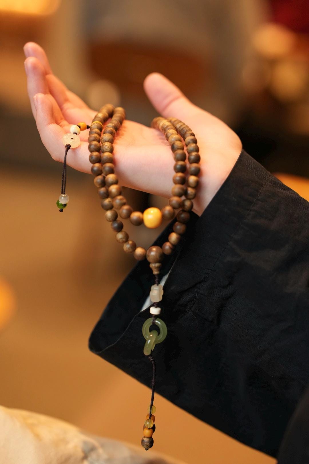 Kynam Agarwood Necklace, Beeswax Amber, Nephrite & Jade