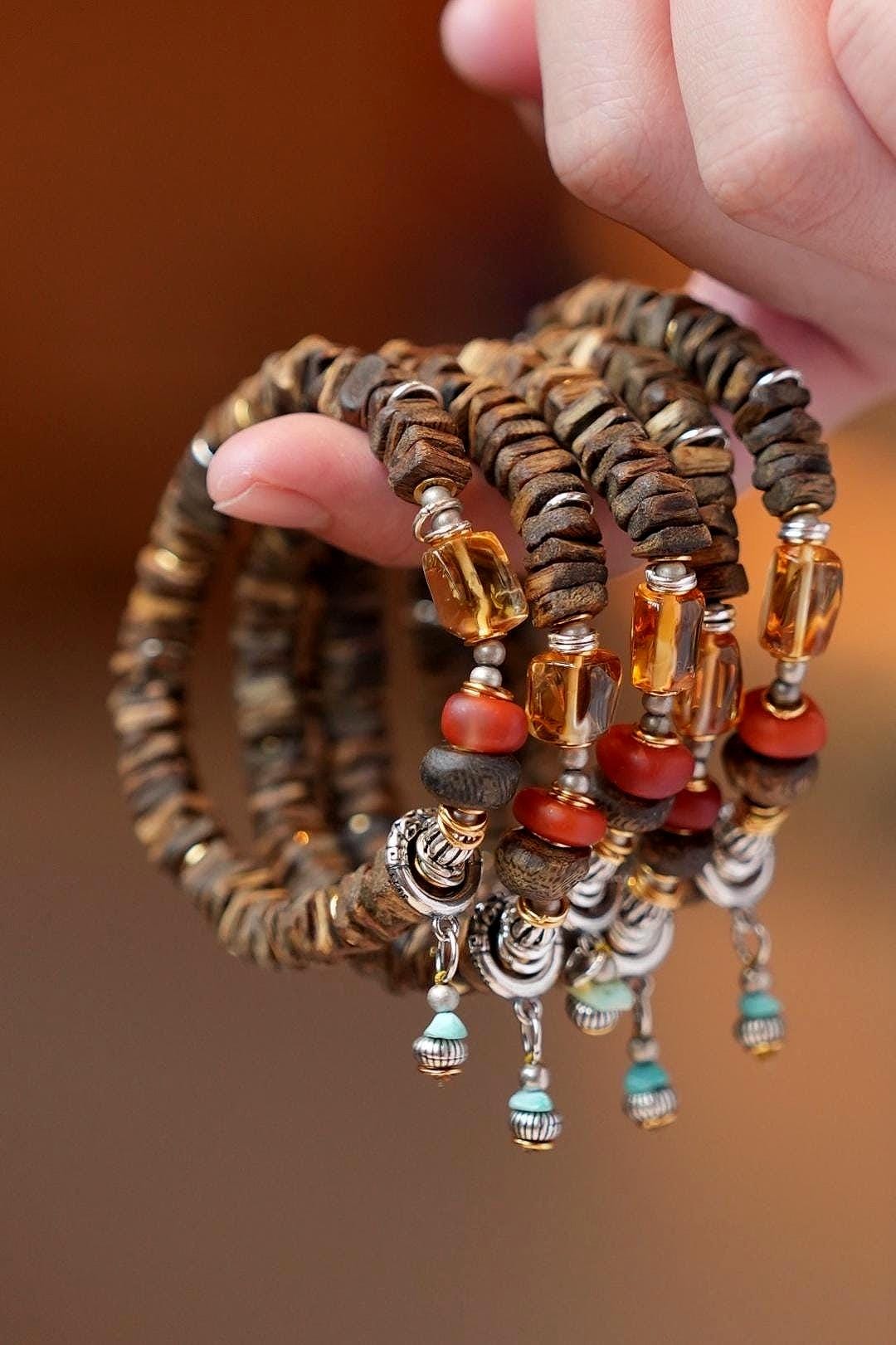 Kynam Agarwood Disc Bracelet, Citrine & South Red Agate