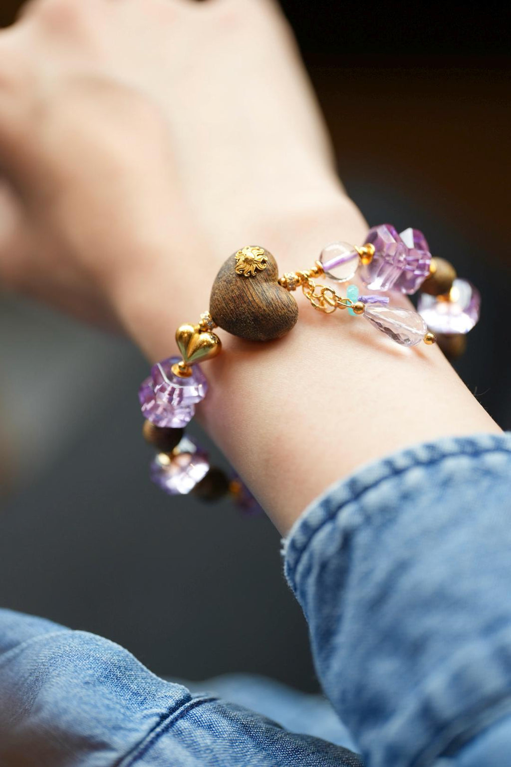 Kynam Agarwood Bracelet, Amethyst & Carved Heart-Peach Focal