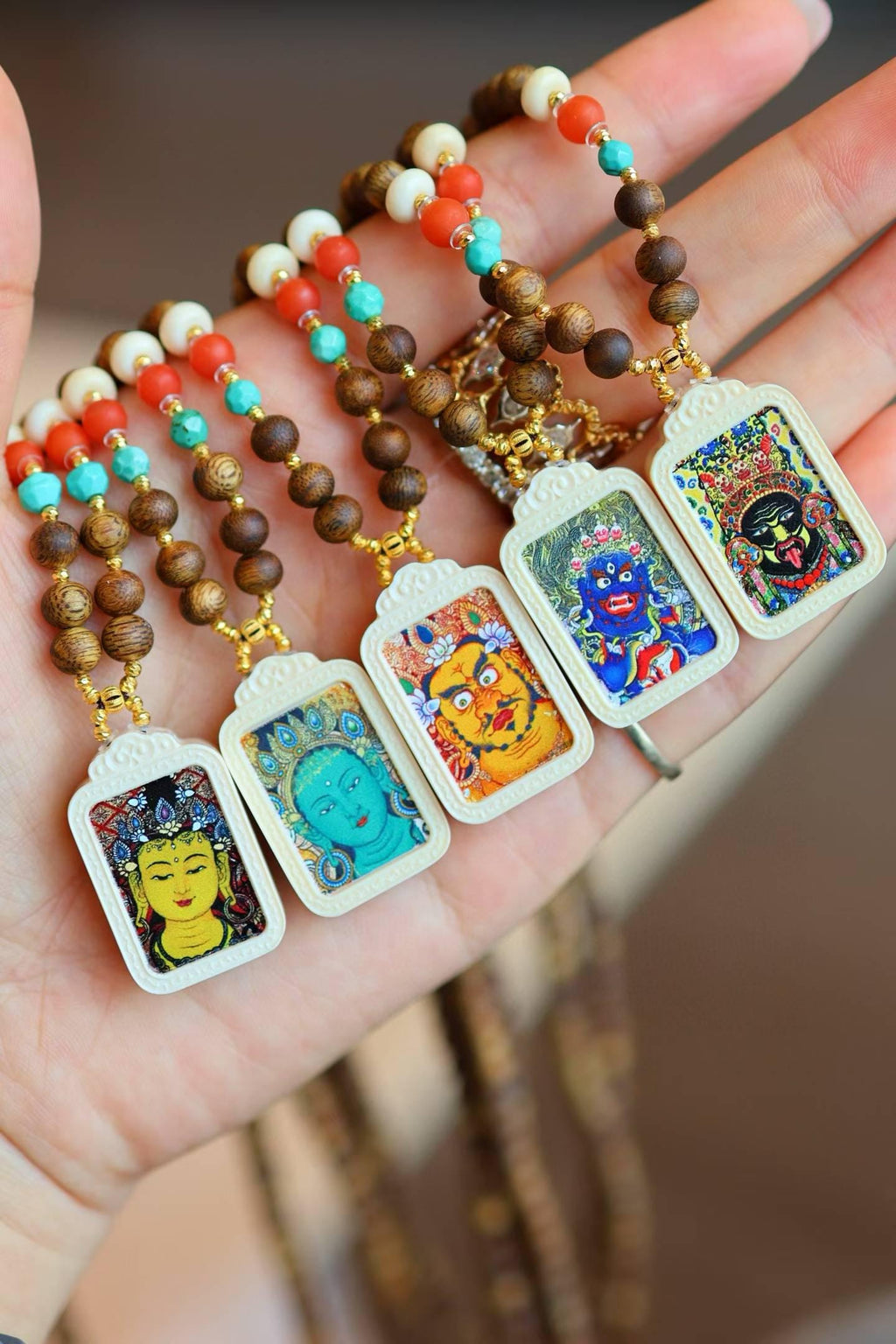 Kynam Agarwood Thangka Guardian Necklace, Turquoise & South Red