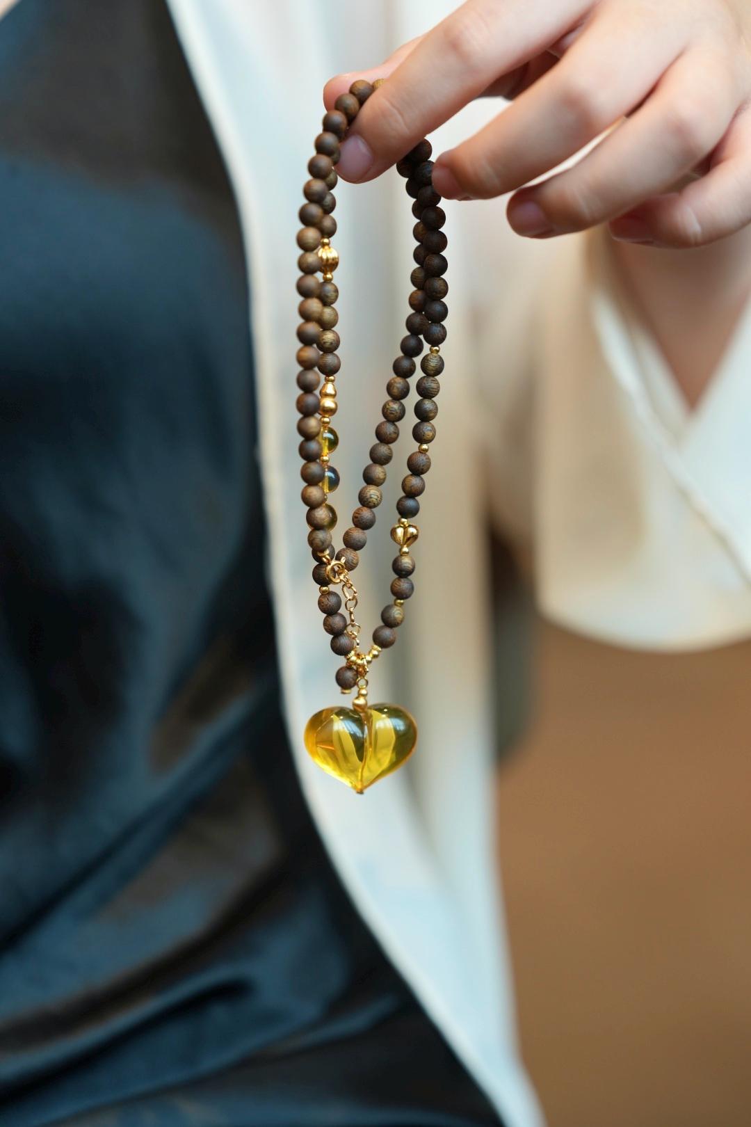Kynam Agarwood & Golden Amber Necklace, Heart-Peach Pendant