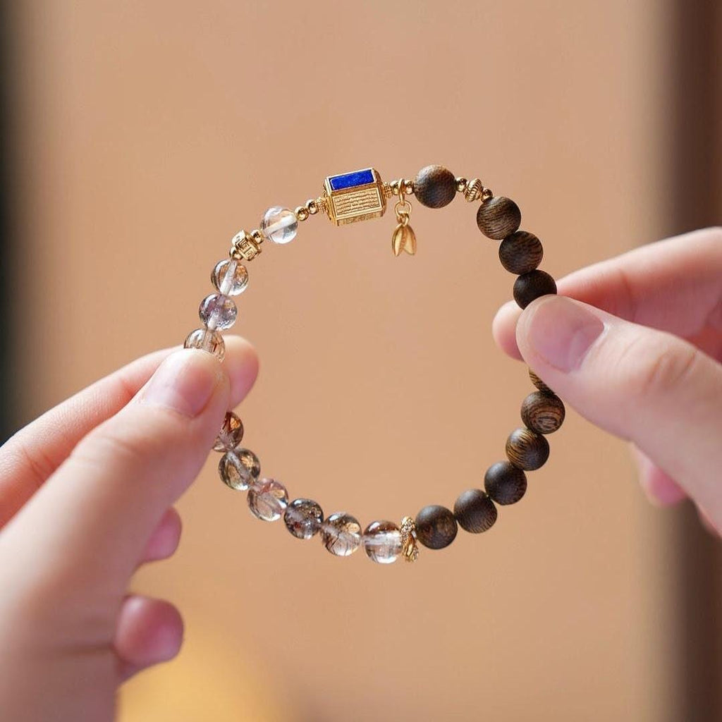 Kynam Agarwood Bracelet, Black-Gold Super Seven & Heart Sutra